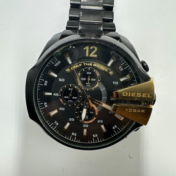 Diesel Mega Chief Watch Men Black Gold Tone Large Dial 53MM Missing Pin Working - Picture 1 of 12